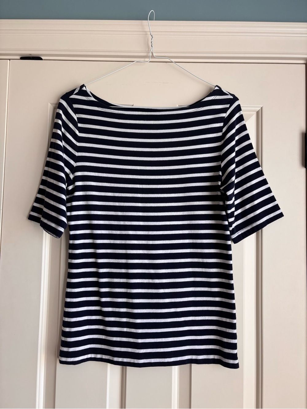 GAP Navy and White Striped Short Sleeve Boatneck Top